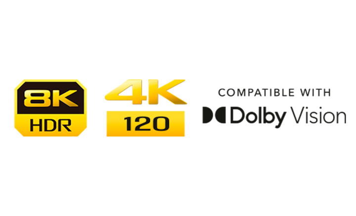 Imagen de un logotipo de 8K HDR, logotipo de 4K 120 y logotipo de Compatible con Dolby Vision.