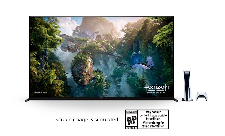 BRAVIA XR™ en el que se ve una escena de Horizon Forbidden West junto a una consola PlayStation®5 y un control